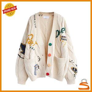 Wool Blend Cable Knit Cardigan V-Neck Open Front Pockets